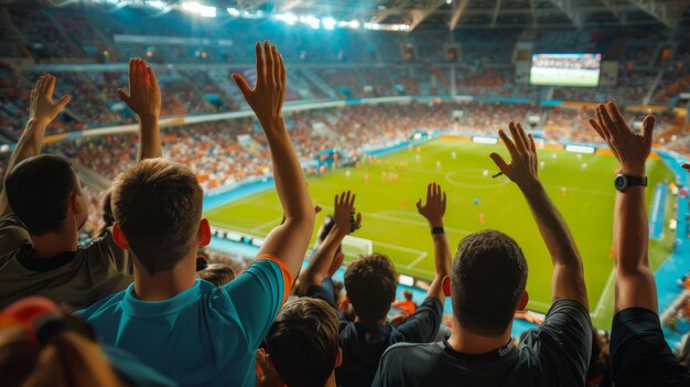 Des fans passionnés lèvent la main à l'unisson pour applaudir leur équipe sportive.