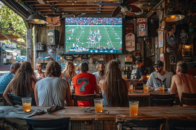 Des fans de sport applaudissant un match de football ou de football dans un restaurant pendant que l'équipe gagne l'IA générative