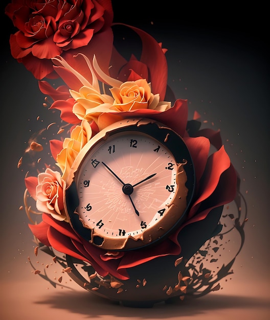 La fantaisie abstraite, le rétablissement du temps surréaliste, l'horloge et les fleurs.