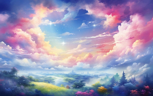 Une fantaisie à l'aquarelle avec un arc-en-ciel vibrant