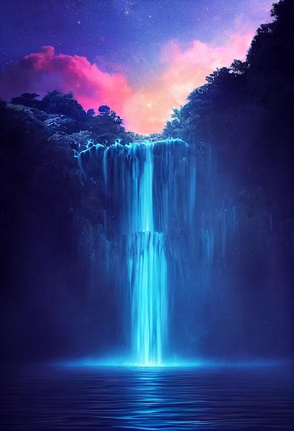 Fantaisie d'une cascade de néons dans une forêt profonde Un aspect coloré brillant ressemble à un conte de fées Illustration 2D