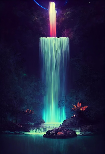 Fantaisie d'une cascade de néons dans une forêt profonde Un aspect coloré brillant ressemble à un conte de fées Illustration 2D