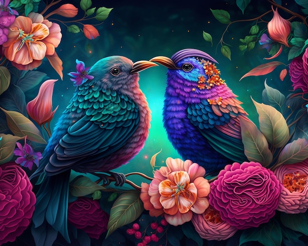 Fantaisie colorée alignée oiseaux d'amour Intelligence Artificielle générative