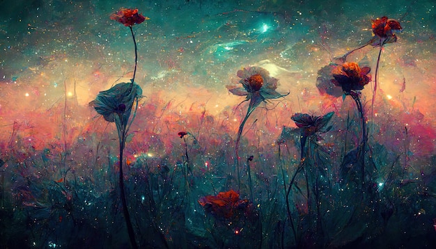 Fantaisie fée queue fleurs épanouies abstraites avec illustration de l'univers de l'espace galaxie en arrière-plan