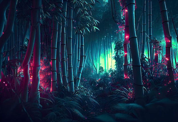 Fantaisie forêt de bambous couleurs néon lumières magiques dans la forêt ai générative