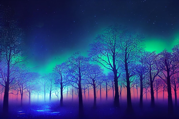 Fantaisie de la forêt de néons Un aspect coloré brillant comme une illustration 2D de conte de fées