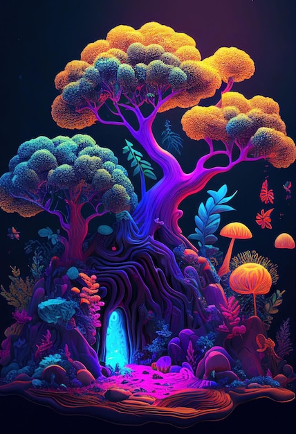 Fantaisie de la forêt de néons brillante colorée comme un conte de fées Créé avec la technologie Generative AI