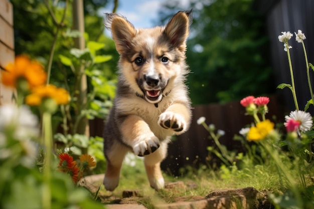 Fantaisie de jardin d'un chiot joueur