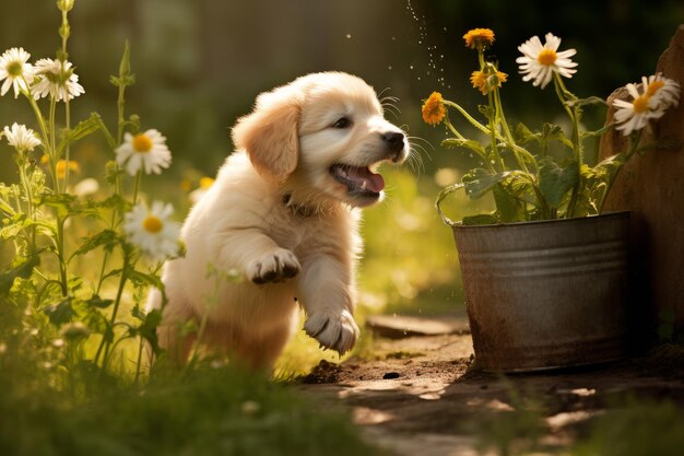 Fantaisie de jardin d'un chiot joueur