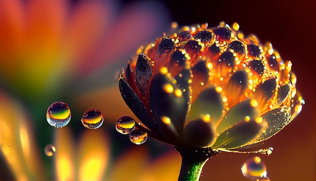 Fantaisie macro abstraite de gouttes de rosée sur une fleur de jardin colorée dans la lumière du soleil dorée ai générative