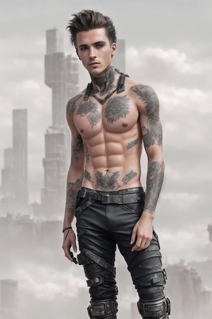 Photo fantaisie mâle homme jeune adolescent personnage tatouage jeans torse nu pour la conception de jeux