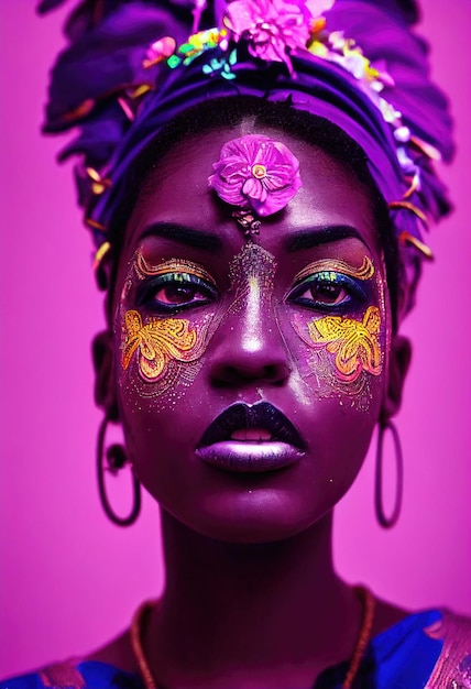 Fantastique beauté fictive femme ébène à la mode avec maquillage violet Creative belle fille