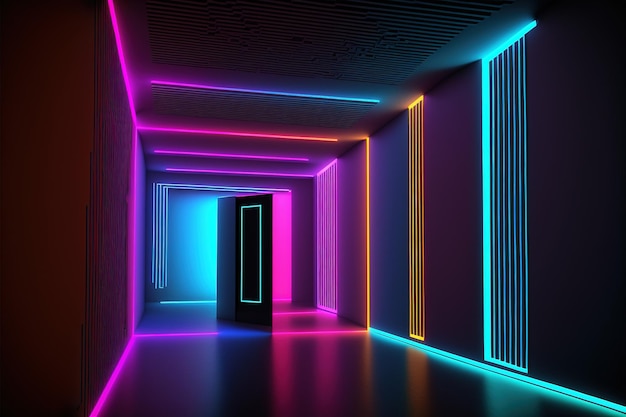 Fantastique concept de galerie d'art virtuelle de tunnel de néon Immersion dans l'intelligence artificielle de réalité virtuelle Fond abstrait sombre avec un rendu 3D de lueur multicolore généré par l'IA