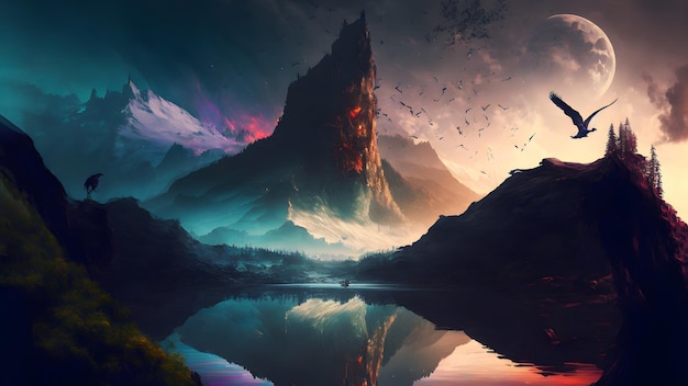 Photo fantastique lac extraterrestre dans le paysage des montagnes rocheuses avec un planétoïde proche dans l'art généré par le réseau de neurones du ciel