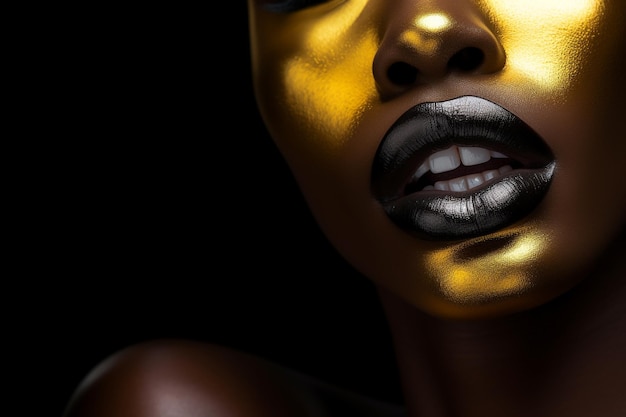Fantastique maquillage professionnel doré lèvres de femme africaine peau avec peinture