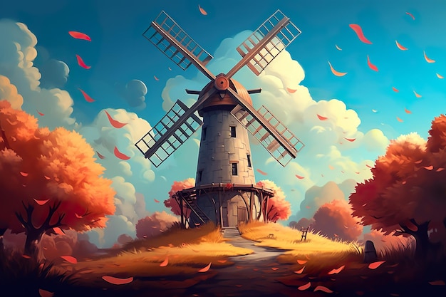 Photo fantastique moulin à vent traditionnel en automne illustration générée par l'ia