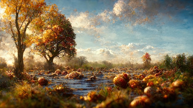 Fantastique paysage de conte de fées de la forêt d'automne avec rivière et feuillage doré sur les arbres