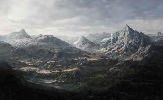 Fantastique paysage épique d'hiver de montagnes Frozen Nature Mystic Valley Gaming RPG Background