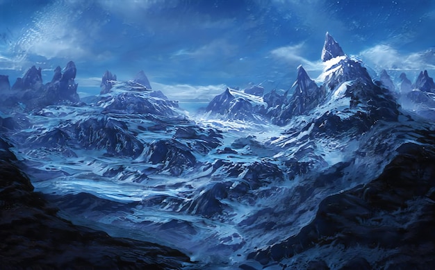 Fantastique paysage épique d'hiver de montagnes Frozen Nature Mystic Valley Gaming RPG Background