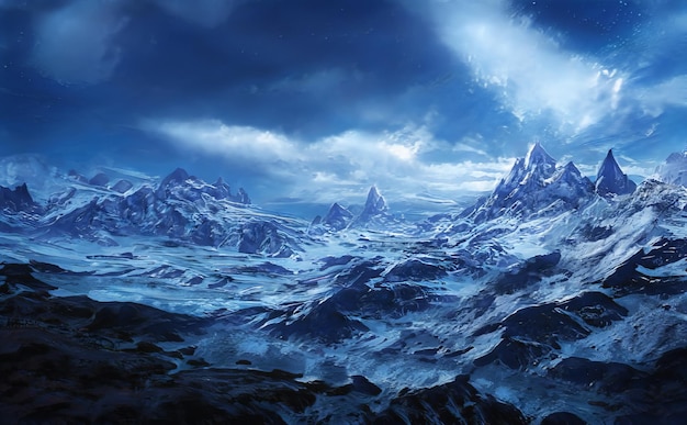 Fantastique paysage épique d'hiver de montagnes Frozen Nature Mystic Valley Gaming RPG Background