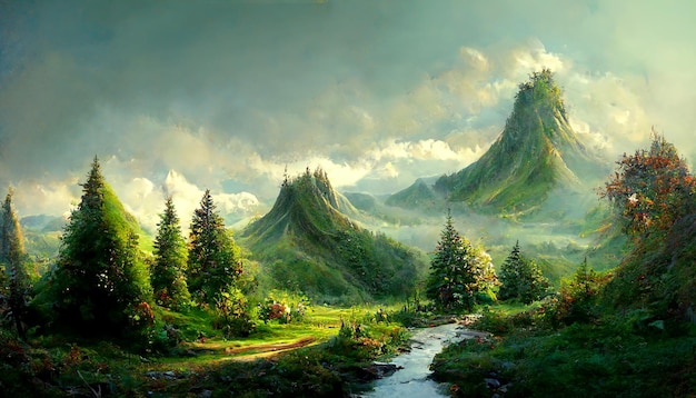 Fantastique paysage fabuleux montagnes vertes rivière et forêt Illustration numérique