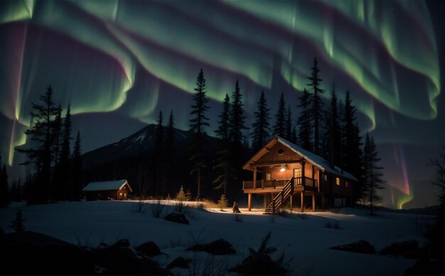 Fantastique paysage d'hiver avec une maison en bois avec des lumières du nord