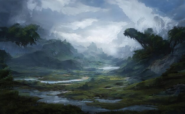 Fantastique paysage magique épique de montagnes été nature mystique forêt jeu rpg fond