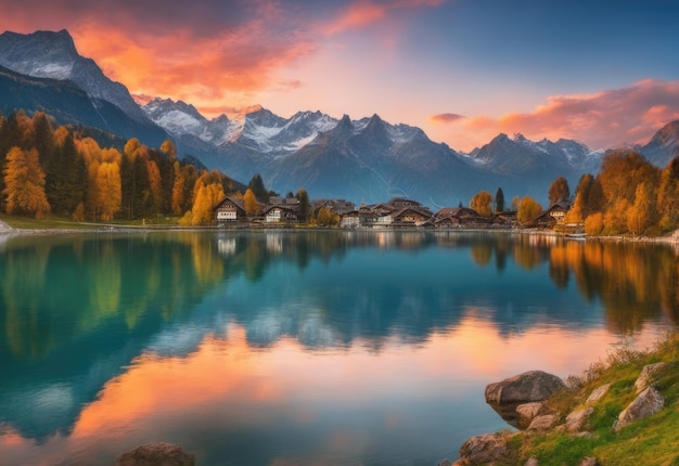 Fantastique paysage de montagne en soirée Coucher de soleil d'automne pittoresque dans les Alpes suisses