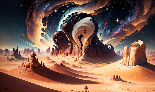 Fantastique planète extraterrestre désert aride paysage sauvage univers futuriste science fiction art mural découverte exploration aventure IA générative