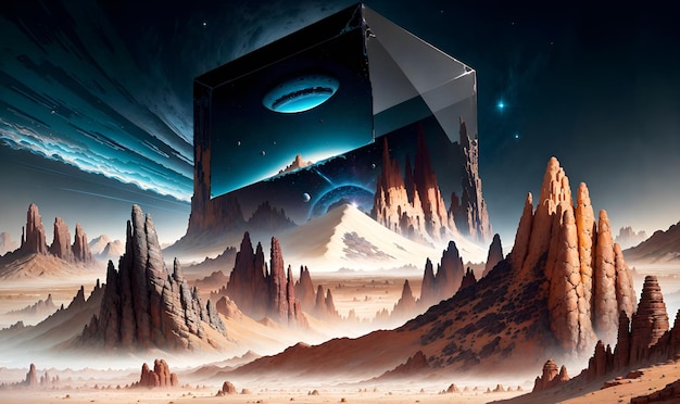Fantastique planète extraterrestre désert aride paysage sauvage univers futuriste science fiction art mural découverte exploration aventure IA générative