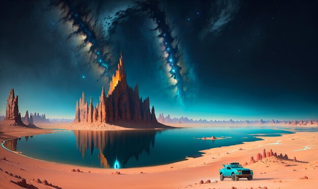 Photo fantastique planète extraterrestre désert aride paysage sauvage univers futuriste science fiction art mural découverte exploration aventure ia générative