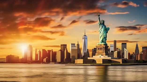 La fantastique Statue de la Liberté et l'horizon de la ville de New York au coucher du soleil