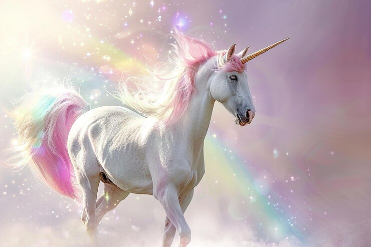 Photo fantastiquement belle licorne rose mythologique avec une longue corne