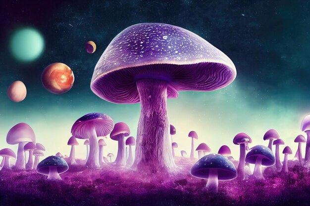 Fantastiques champignons violets sur une île dans l'espace