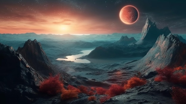 Fantasy alien planet Mountain et lakegenerative ai