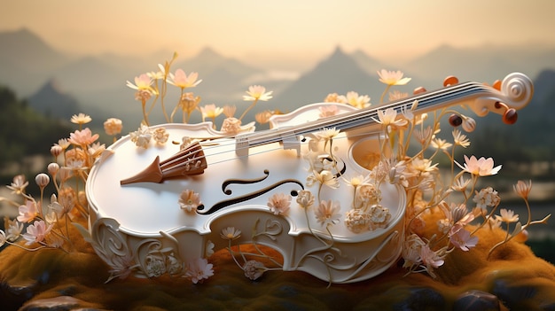 Fantasy design musical incroyable violon fait des fleurs générative ai