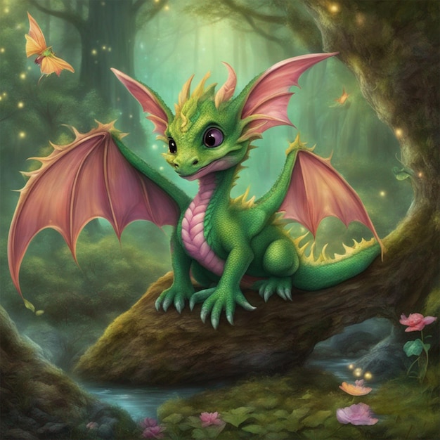 Photo fantasy enchanté fée forêt magie bébé dragon ai généré art