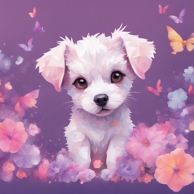 Photo fantasy flowers splash avec un chiot mignon personnage de dessin animé tshirt design art