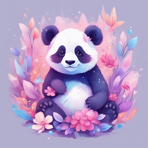 Fantasy Flowers Splash avec un joli panda T-shirt Design Art