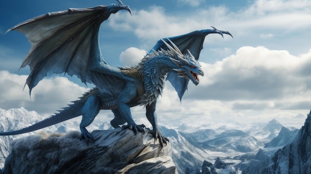 Fantasy un mystérieux dragon dangereux debout sur la pierre sur le fond du ciel dramatique généré par l'IA