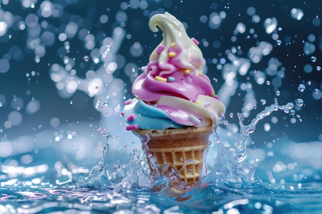 Fantasy Soft Serve Ice Cream Cone au milieu d'une IA générative dynamique d'éclaboussure d'eau