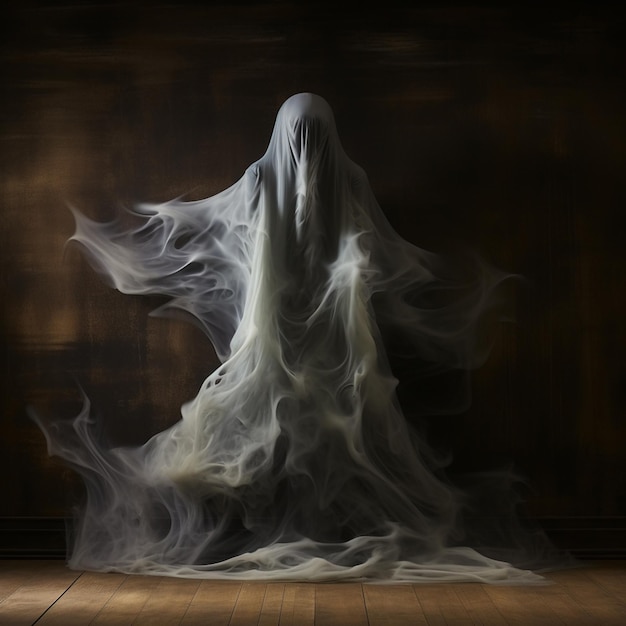 un fantôme arrafé dans une robe blanche debout dans une pièce sombre