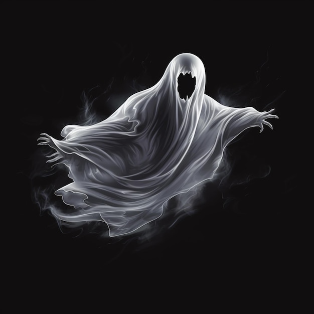 un fantôme arrafé avec un fond noir et une fumée blanche s'élevant