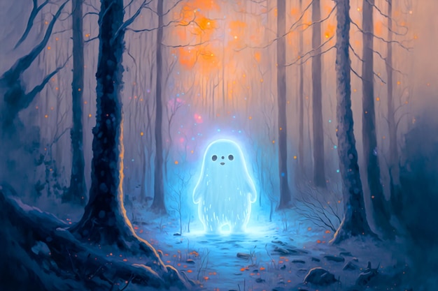 Un fantôme bleu aux yeux noirs se dresse dans une forêt.