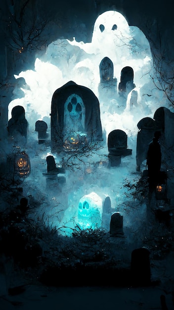 Fantôme de carte d'affiche d'halloween dans le cimetière