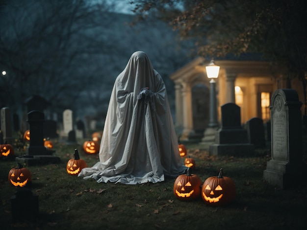 Photo le fantôme dans le cimetière avec la citrouille d'halloween