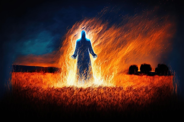 Fantôme debout dans le champ de flammes illustration de style d'art numérique peinture concept fantastique d'un fantôme dans le champ