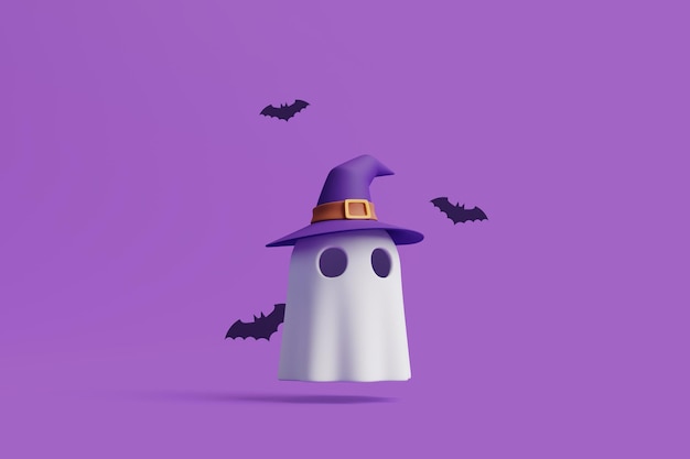 Fantôme de dessin animé d'Halloween simple portant un chapeau de sorcière avec des chauves-souris noires sur fond violet rendu 3D