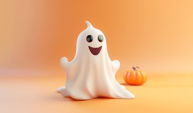 Fantôme de dessin animé mignon et heureux 3d tenant une citrouille de boîte-cadeau pour Halloween avec un espace vide généré par Ai