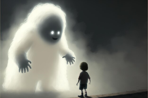 Un fantôme géant a émergé d'une autre dimension et a tendu la main à l'enfant illustration de style d'art numérique peinture concept fantastique d'un enfant avec un fantôme